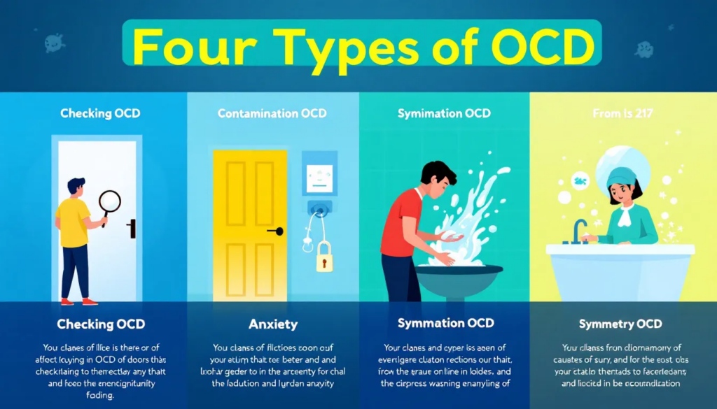 An infographic showing the four types of OCD: checking, contamination, symmetry, and intrusive thoughts.