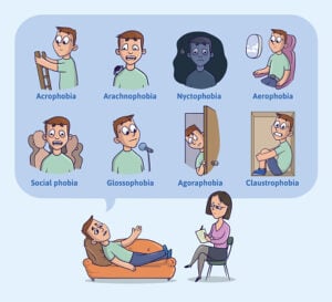 An illustration showing various phobias including a person afraid of heights and another of spiders.