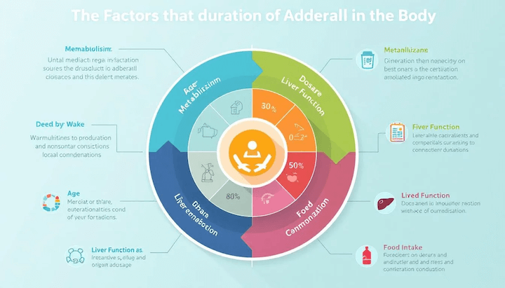 An illustration showing factors that affect Adderall duration in the body.