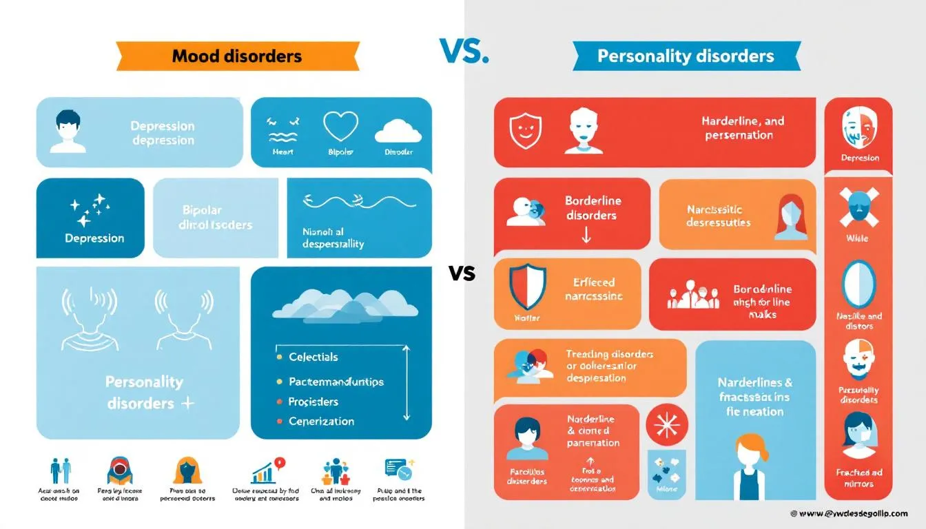 An illustration depicting the differences between mood disorders and personality disorders, highlighting their characteristics.