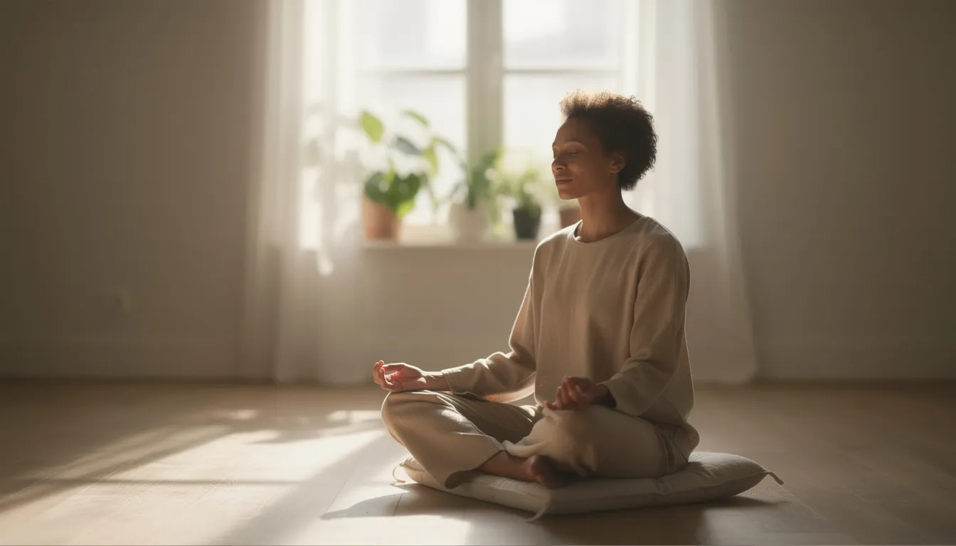 A person sits peacefully in a meditation pose by a window, bathed in natural light, embodying tranquility and mindfulness, which are essential for mental health recovery. This serene environment can support individuals in outpatient programs as they develop healthy coping skills and engage in their treatment process.
