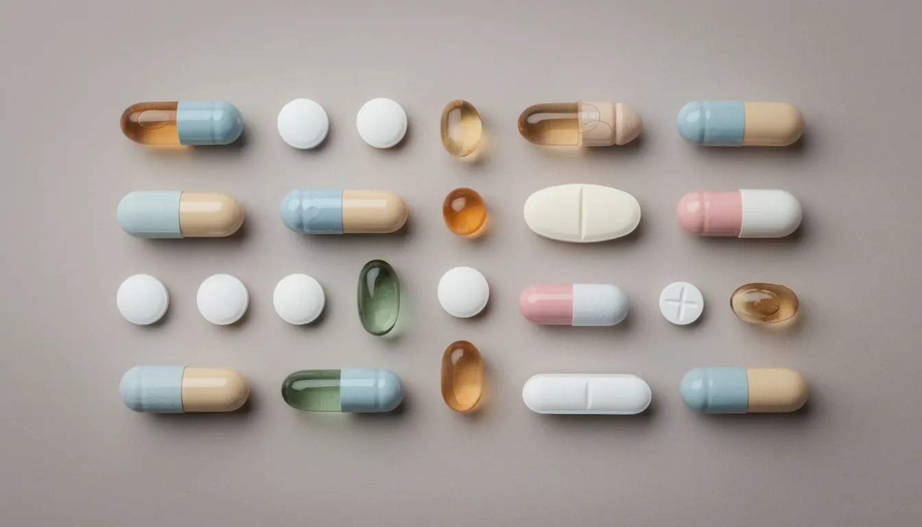 The image features a variety of medication pills and capsules, including colorful tablets and soft gel capsules, neatly arranged on a neutral background. This assortment represents the different psychiatric medications that mental health professionals may prescribe to treat various mental health conditions.