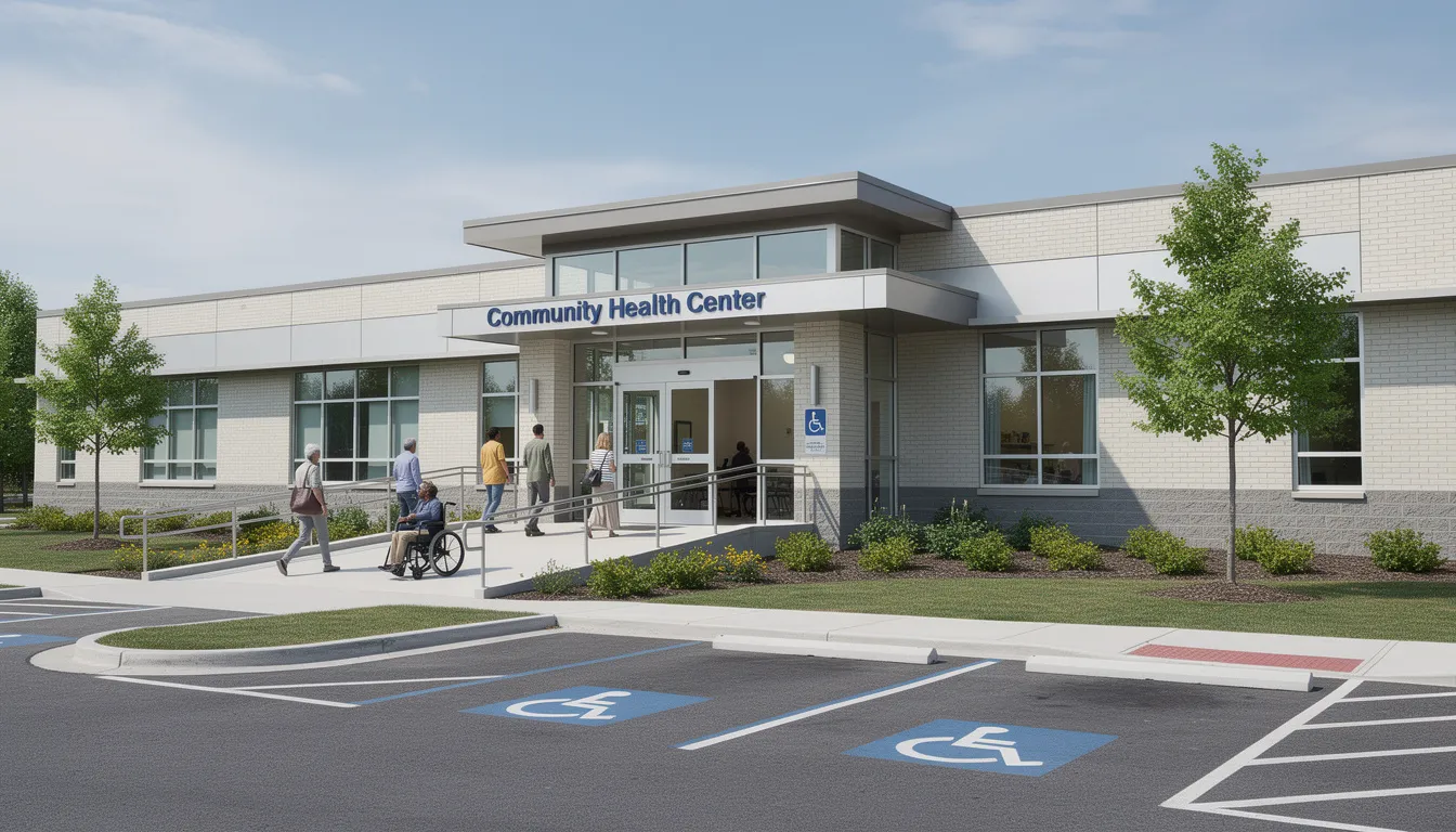 The image depicts a modern community health center building with a welcoming and accessible entrance, designed to provide a range of services including mental health support and substance use treatment. This facility is part of the Massachusetts behavioral health partnership, aiming to improve health and human services for the community.
