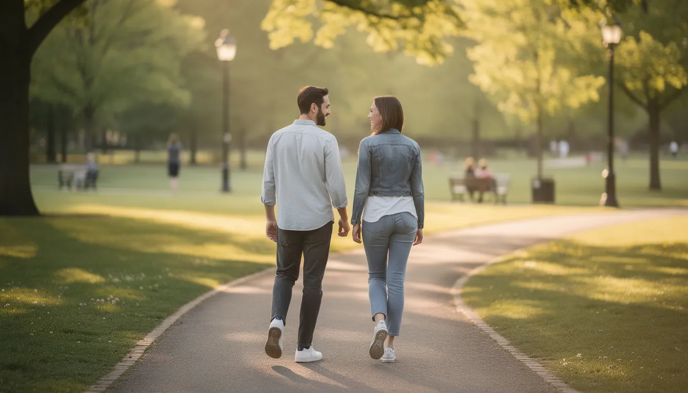 Two individuals stroll together along a serene path in a park, surrounded by lush greenery and gentle sunlight, symbolizing a supportive community in their recovery journey from mental health concerns. This peaceful setting reflects the importance of healthy coping skills and the therapeutic modalities often utilized in outpatient programs.