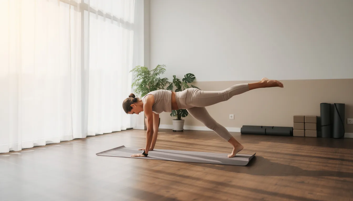 A person is practicing yoga in a serene indoor studio filled with natural light, promoting relaxation and mindfulness. This peaceful setting can be beneficial for those managing anxiety symptoms, as yoga is often part of a comprehensive treatment plan for anxiety disorders.