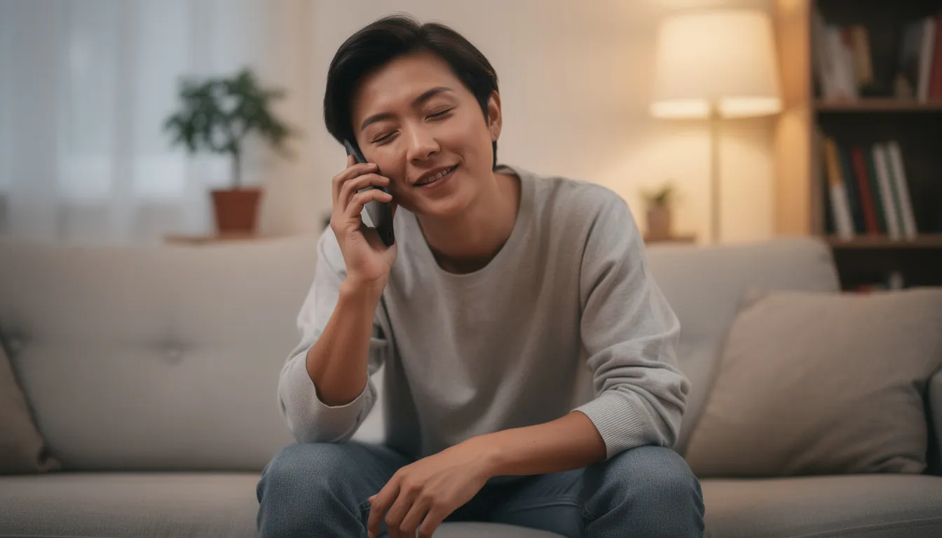The image depicts a person sitting comfortably, speaking on the phone with a supportive expression, suggesting a conversation related to mental health or behavioral health services. This scene reflects the compassionate support often provided by community behavioral health centers and highlights the importance of connection in improving mental well-being.
