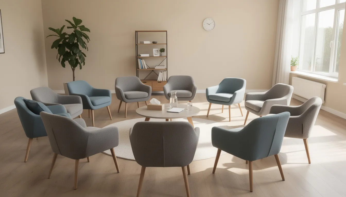 The image depicts a bright and comfortable group therapy room, featuring chairs arranged in a circle, fostering a supportive environment for individuals participating in group sessions. This setting is ideal for outpatient programs aimed at addressing mental health concerns and promoting healthy coping skills among participants.