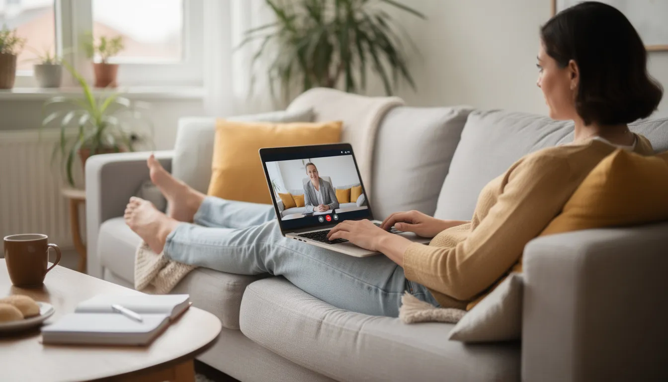 A person is sitting comfortably at home, engaging in a video consultation on their laptop with a mental health professional to discuss treatment options for their mental health challenges. This interaction highlights the importance of accessible mental health care and the role of professionals in prescribing psychiatric medications.