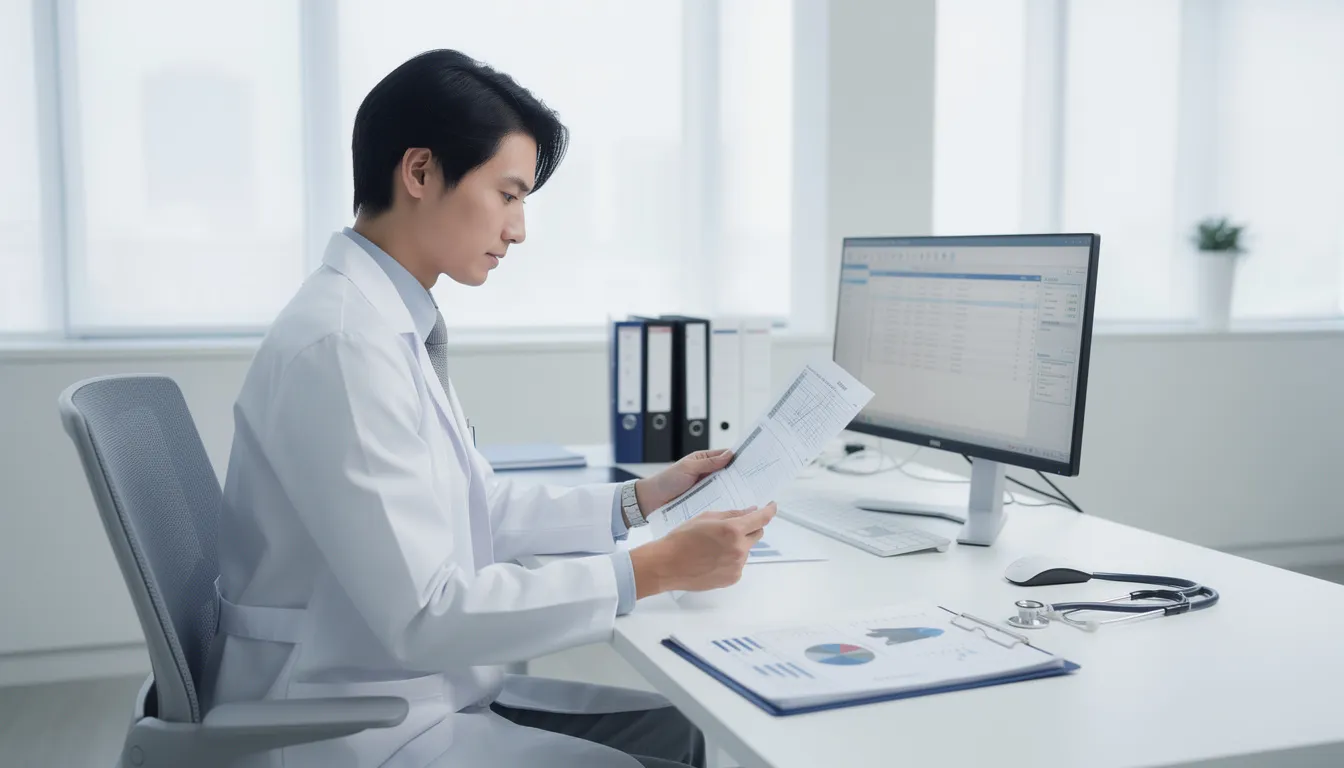 A medical professional in a white coat is reviewing documents in a bright clinical office, emphasizing their role in diagnosing and treating mental health conditions. This setting reflects the importance of comprehensive mental health care and the potential for psychiatrists to prescribe medication as part of a treatment plan.
