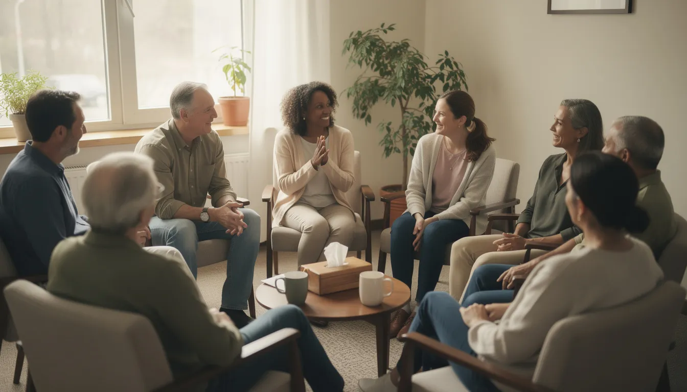 The image shows a diverse group of adults sitting in a circle, engaging in a supportive conversation, likely as part of a group therapy session focused on mental health. This setting promotes emotional well-being and encourages sharing experiences related to mental health disorders and treatment goals.
