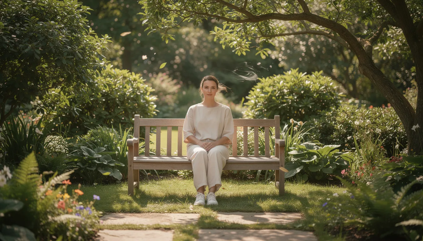 A calm person sits peacefully in a lush garden, surrounded by vibrant greenery, embodying a moment of tranquility amidst nature. This serene setting can serve as a reminder of the importance of mental health treatment and coping skills in managing anxiety disorders.