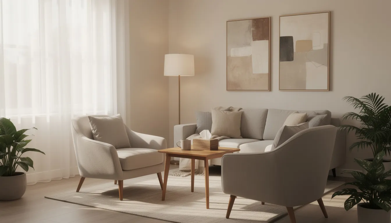 The image depicts a serene and modern therapy office, featuring comfortable seating and ample natural light, creating a welcoming environment for outpatient mental health treatment. This space is designed to support individuals facing mental health issues, providing a calm atmosphere conducive to healing and therapy sessions.