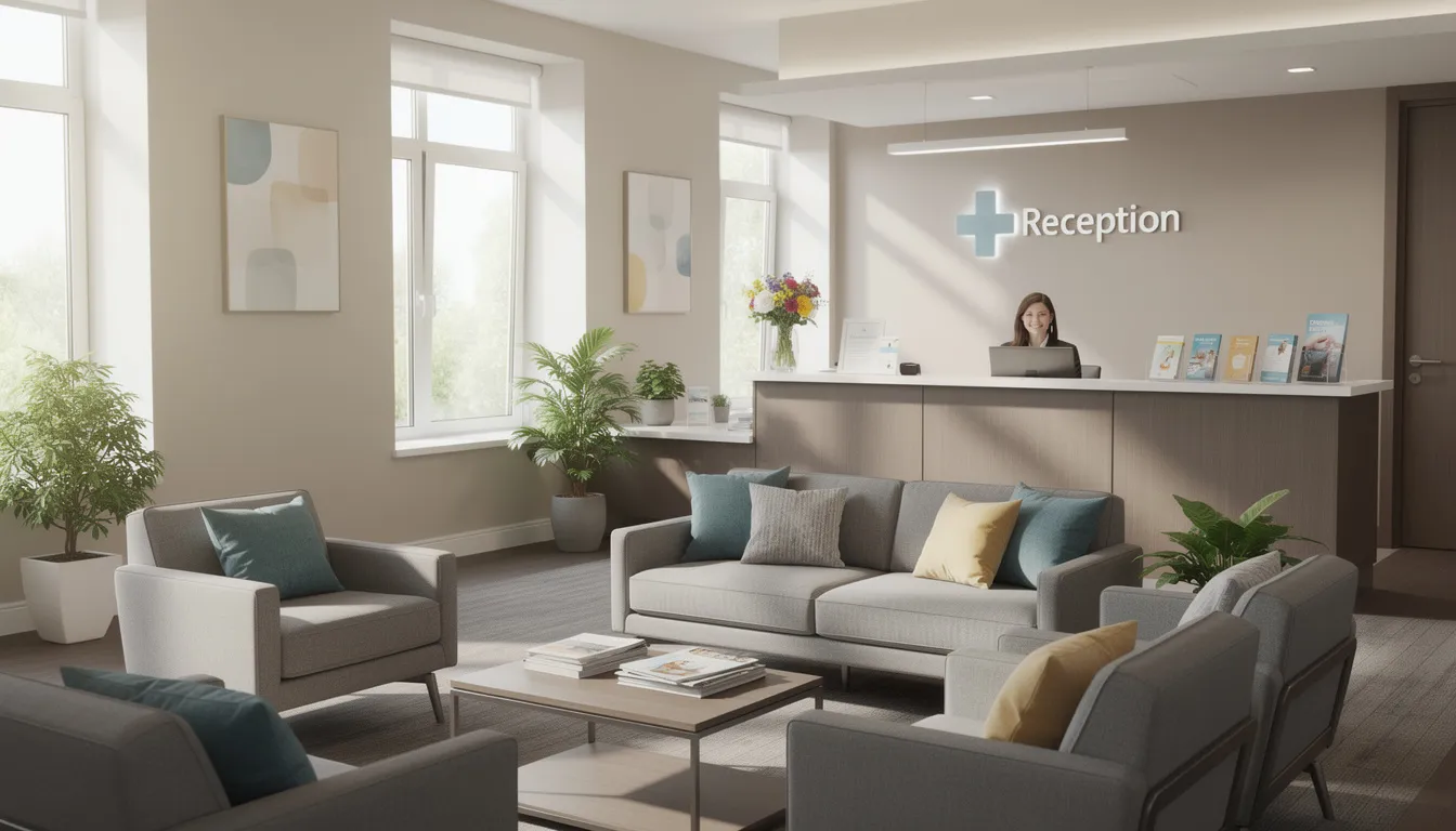 The image depicts a welcoming healthcare reception area designed for outpatient mental health services, featuring comfortable seating arrangements that create a calming atmosphere. This inviting space is ideal for individuals seeking support for mental health disorders and outpatient treatment options.