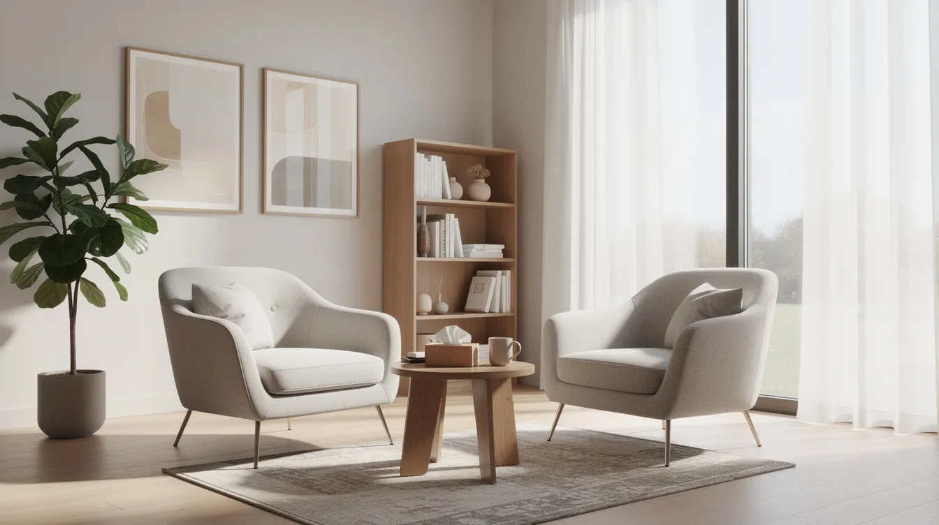 The image depicts a modern therapy room designed for effective mental health treatment, featuring comfortable seating and ample natural light. This inviting space is ideal for group therapy sessions and personal growth, fostering a supportive environment for individuals dealing with mental health disorders.