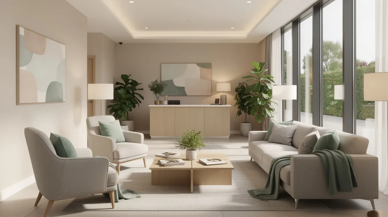 The image depicts a calm and welcoming lobby of a mental health treatment center, filled with natural light and featuring comfortable seating arrangements. This inviting space is designed to provide a supportive environment for individuals seeking treatment for anxiety disorders and depression, allowing them to feel at ease as they begin their recovery process.