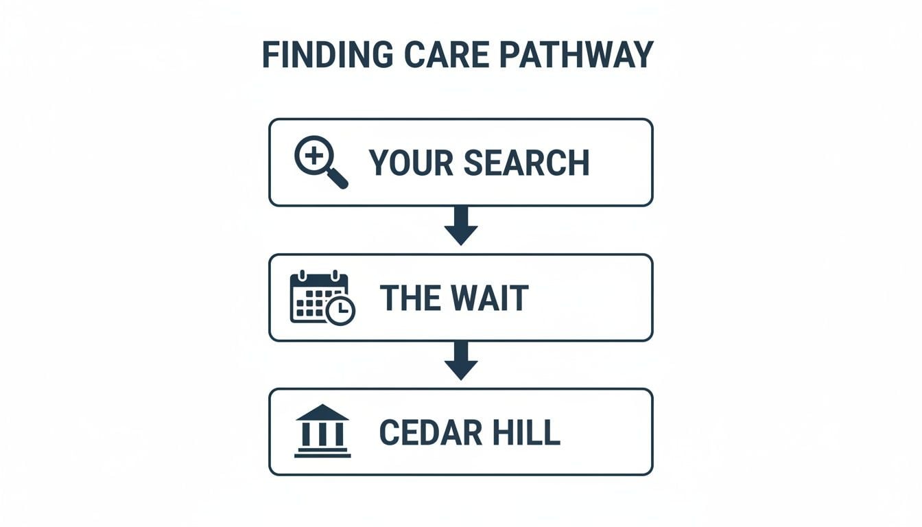 A flowchart titled 'Finding Care Pathway' showing three steps: Your Search, The Wait, and Cedar Hill.