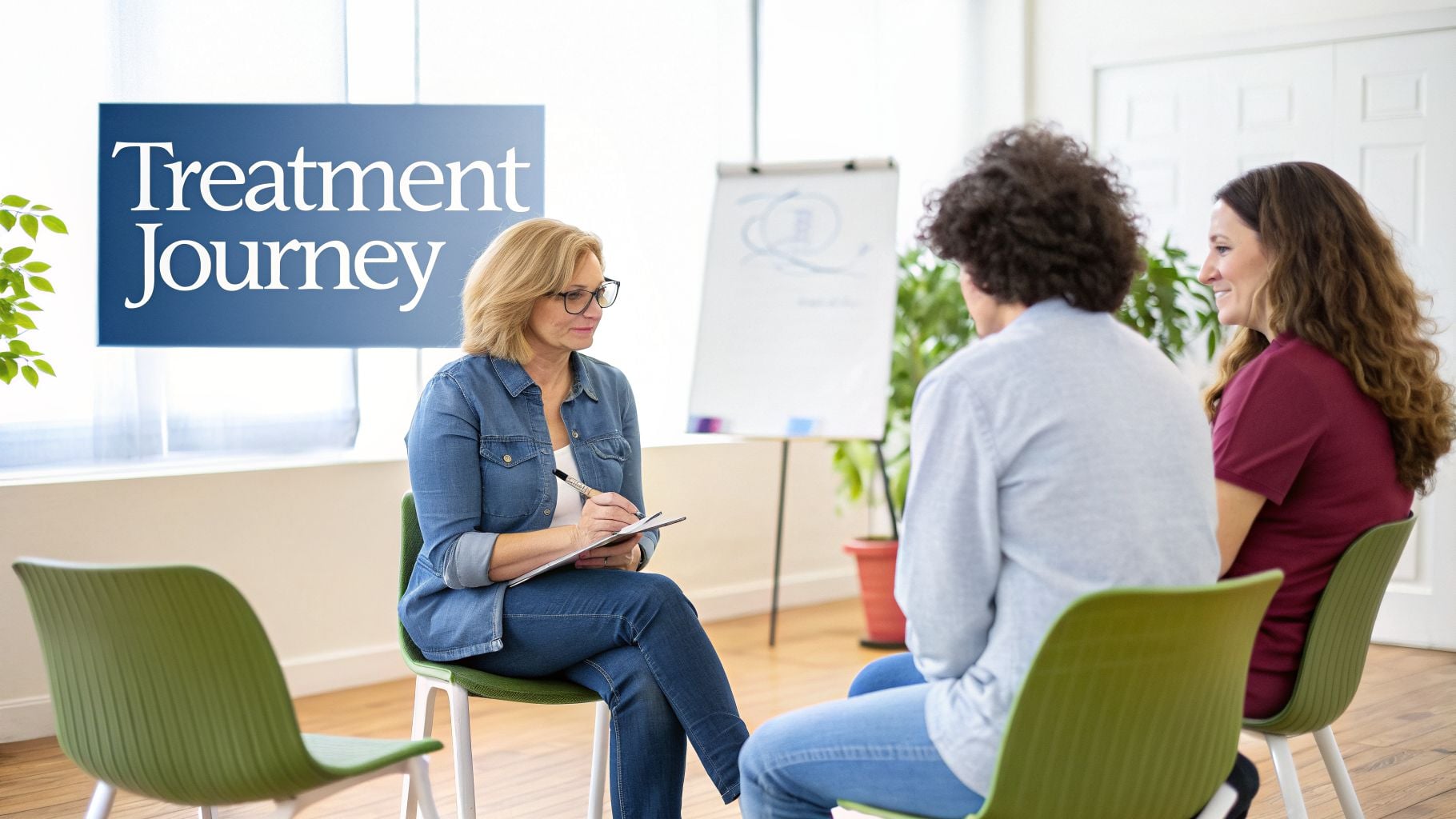 A therapist takes notes during a "Treatment Journey" group therapy session with two women.