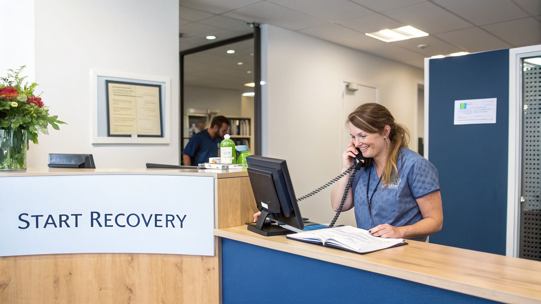 A friendly woman working at a reception desk with a 'Start Recovery' sign, talking on a landline phone.