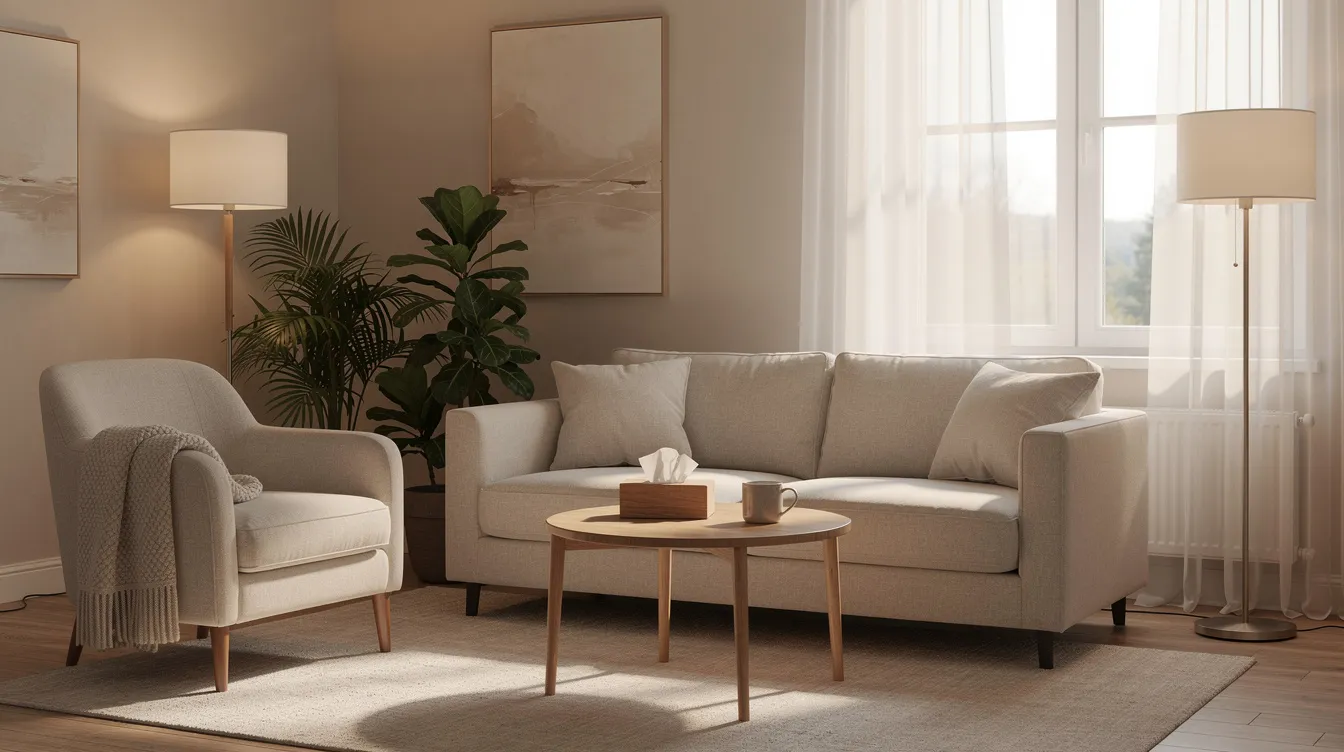 The image depicts a welcoming therapy room featuring comfortable seating and ample natural light, creating a soothing environment for therapy sessions aimed at addressing mental health conditions such as major depression and persistent depressive disorder. This inviting space is designed to help improve depression symptoms and support individuals in their treatment plans.