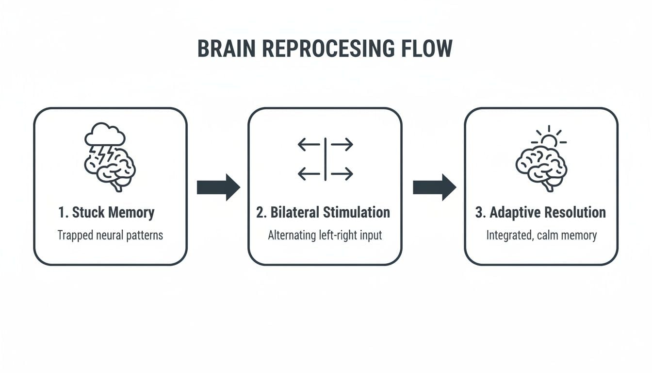 Diagram illustrating the brain reprocessing flow from stuck memories to calm resolution via bilateral stimulation.