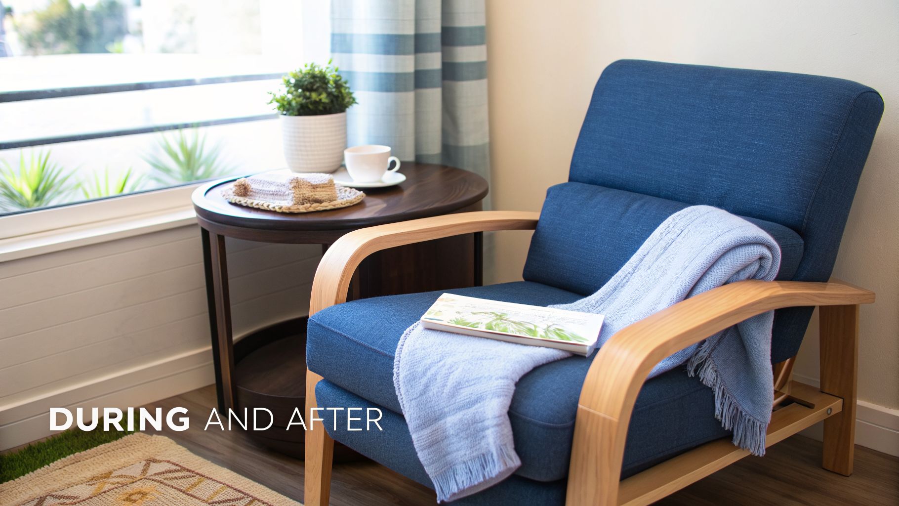 A cozy reading nook with a blue armchair, side table, plant, and window view.