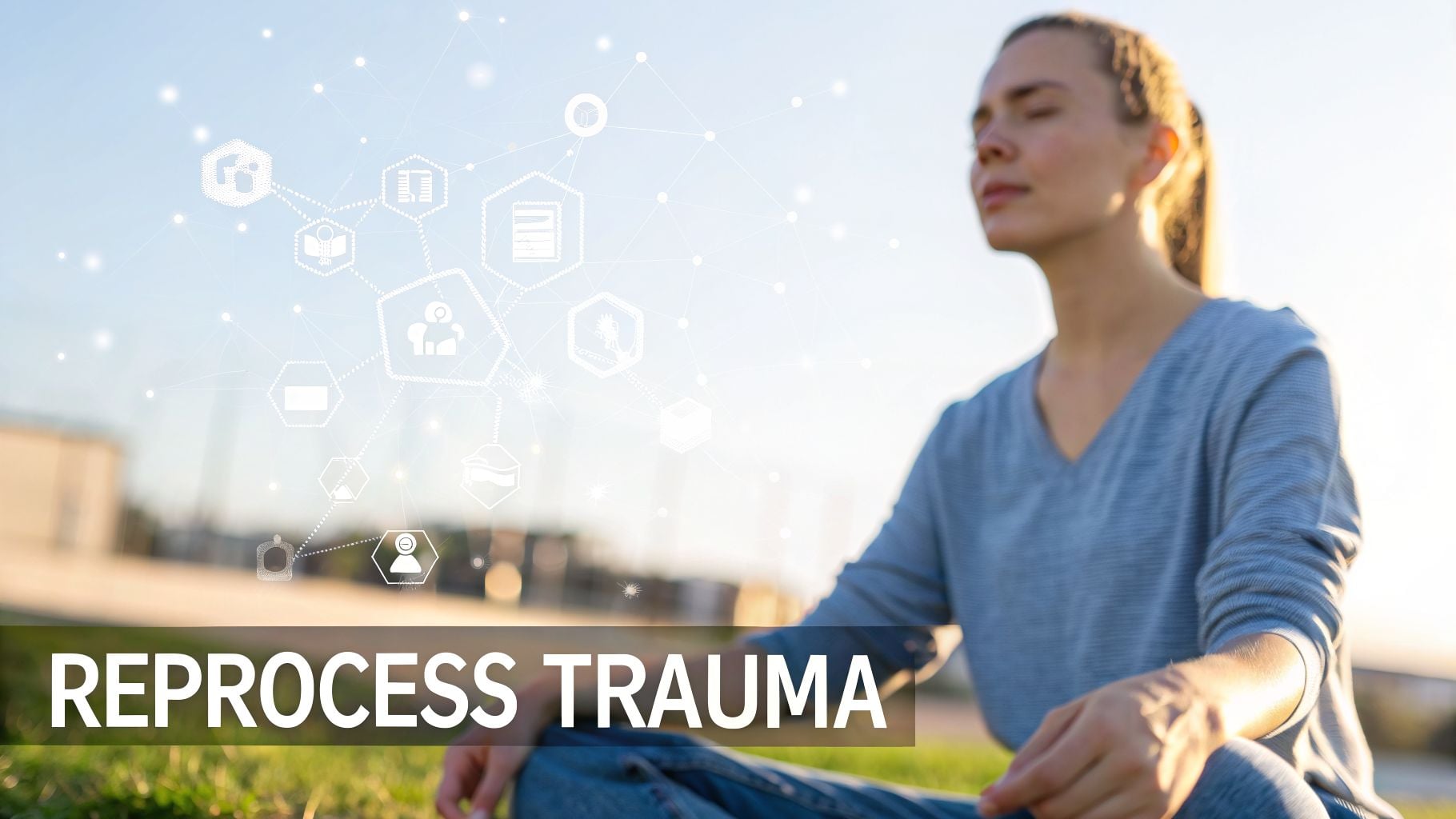 A woman meditates outdoors, surrounded by a network of abstract hexagonal icons, with 'REPROCESS TRAUMA' text.