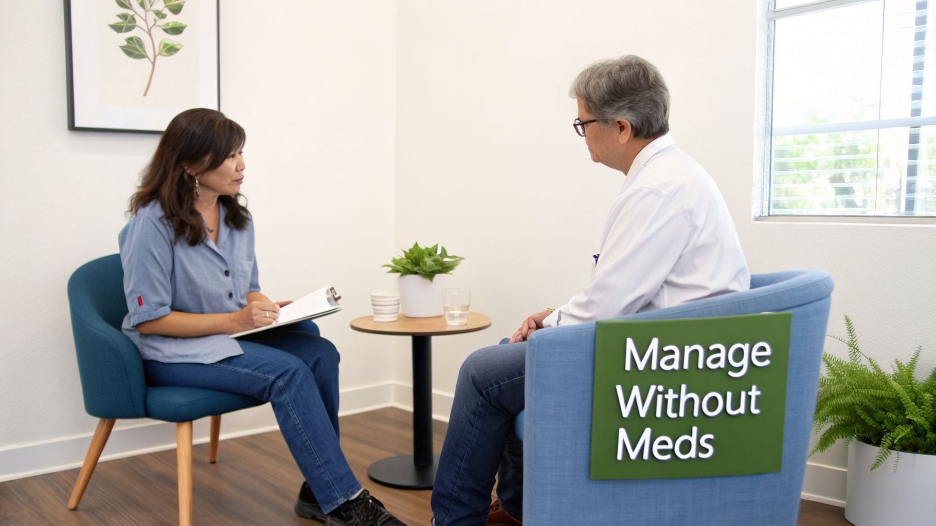 Woman taking notes while a man listens in a consultation room with a 'Manage Without Meds' sign.