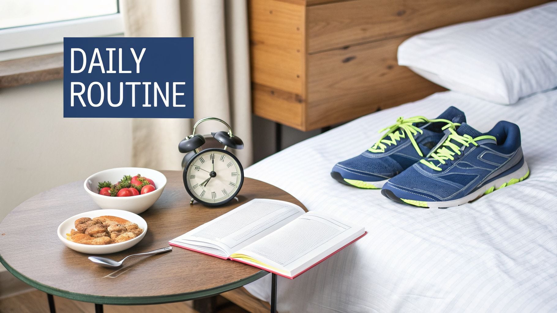 A morning scene with an alarm clock, fruit, pastries, an open book, and running shoes on a bed, suggesting a daily routine.