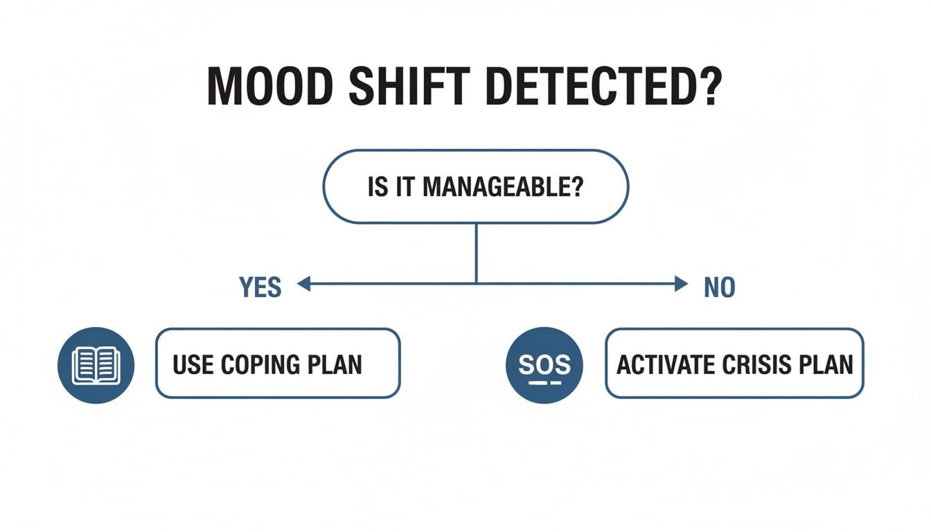A flowchart on mood shift management: if manageable, use coping plan; if not, activate crisis plan.