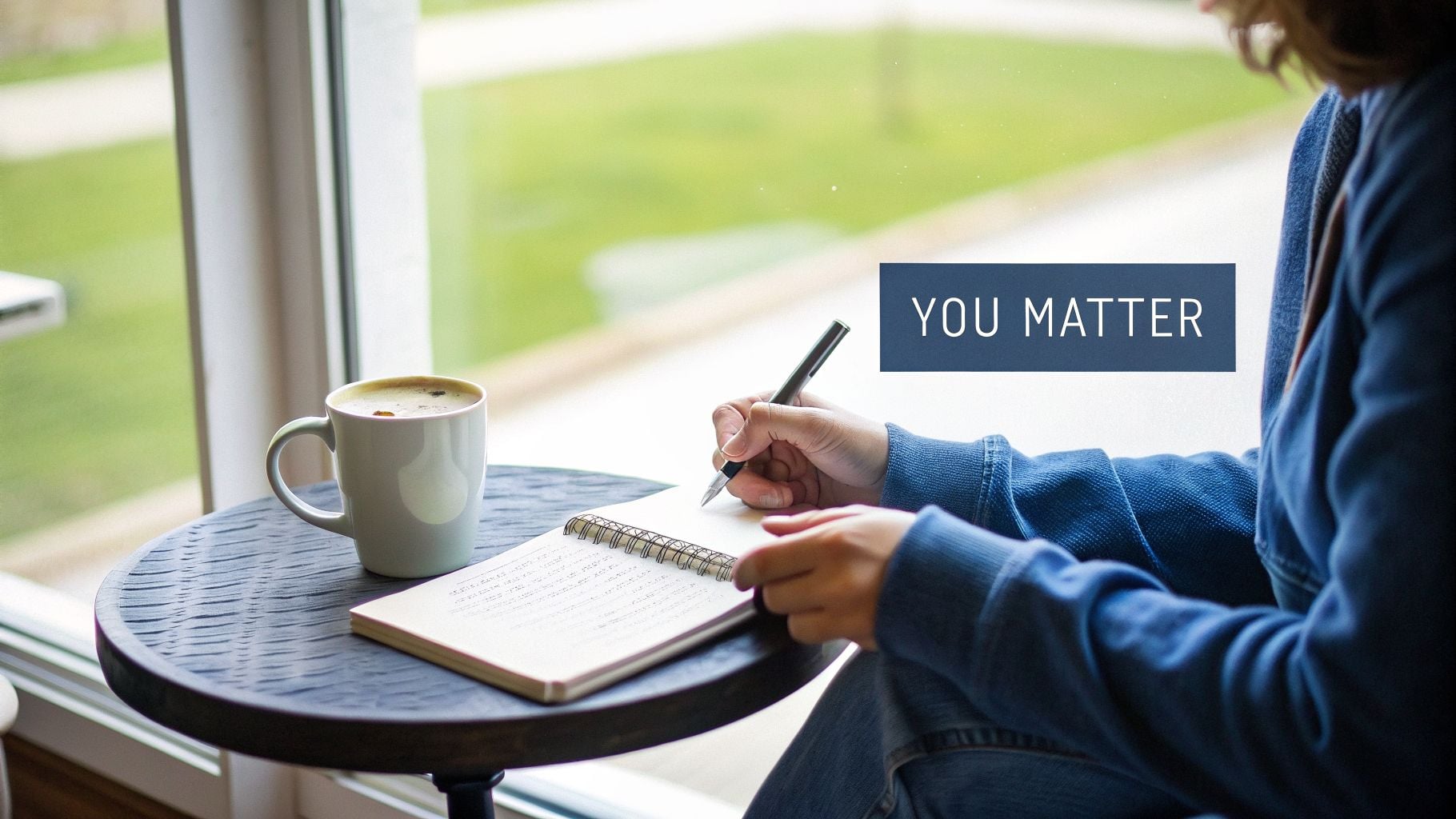 A person writing in a notebook next to a coffee mug by a window with a "YOU MATTER" overlay.