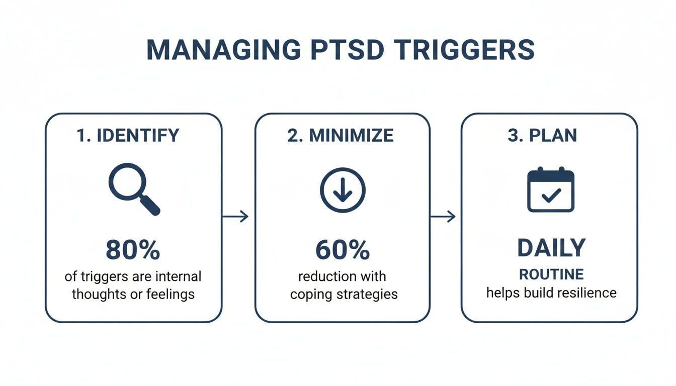 Infographic detailing a 3-step process for managing PTSD triggers: identify, minimize, and plan.