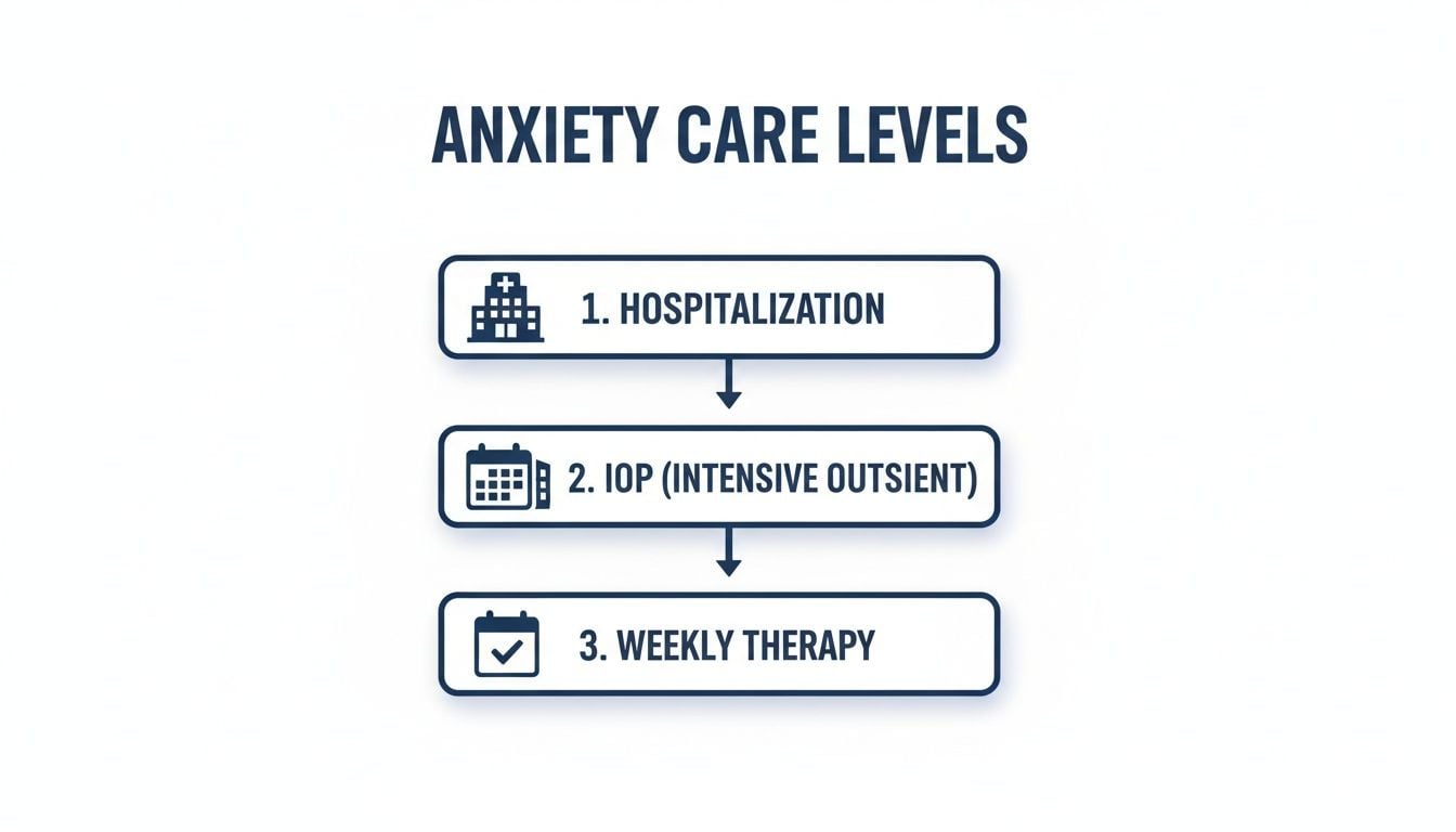 Flowchart detailing anxiety care levels: hospitalization, intensive outpatient program (IOP), and weekly therapy.