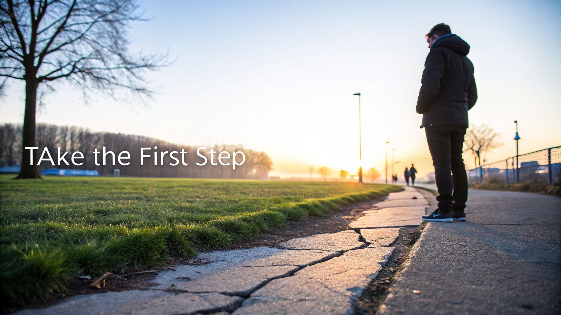 A person stands on a cracked sidewalk next to a grassy field at sunrise with inspirational text.