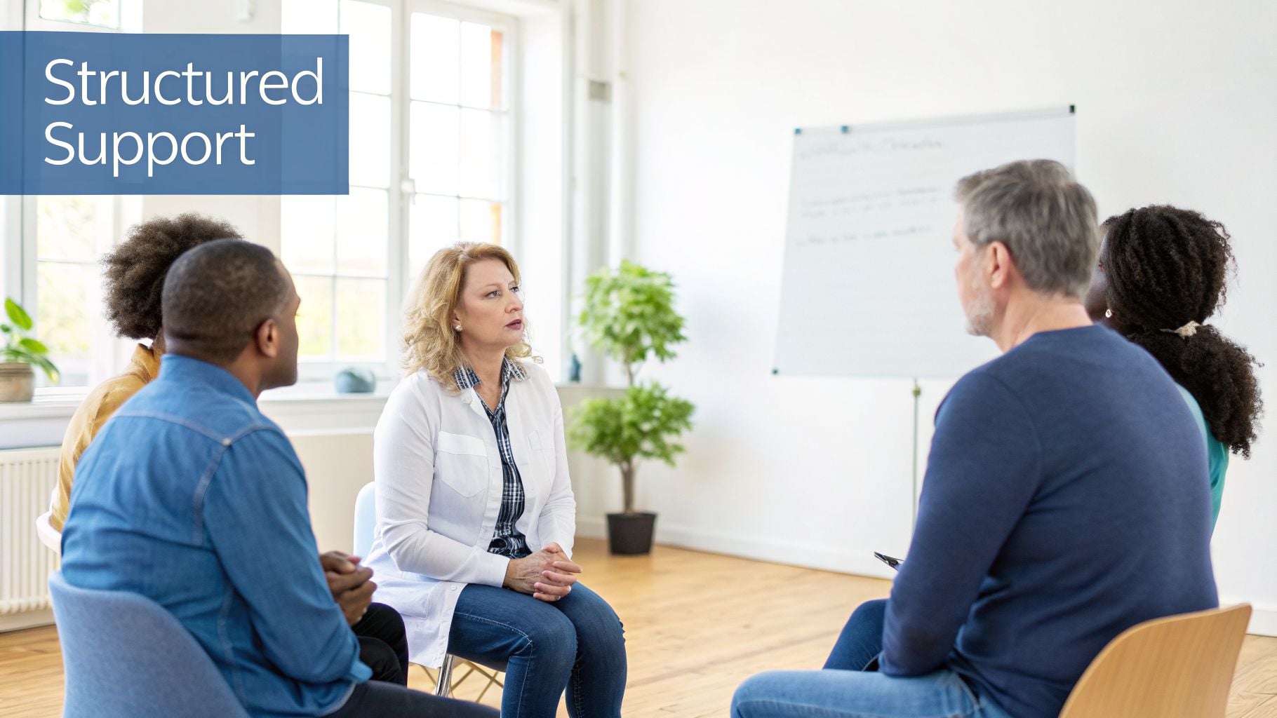 Diverse group of adults in a structured support group, attentively listening to a female therapist.