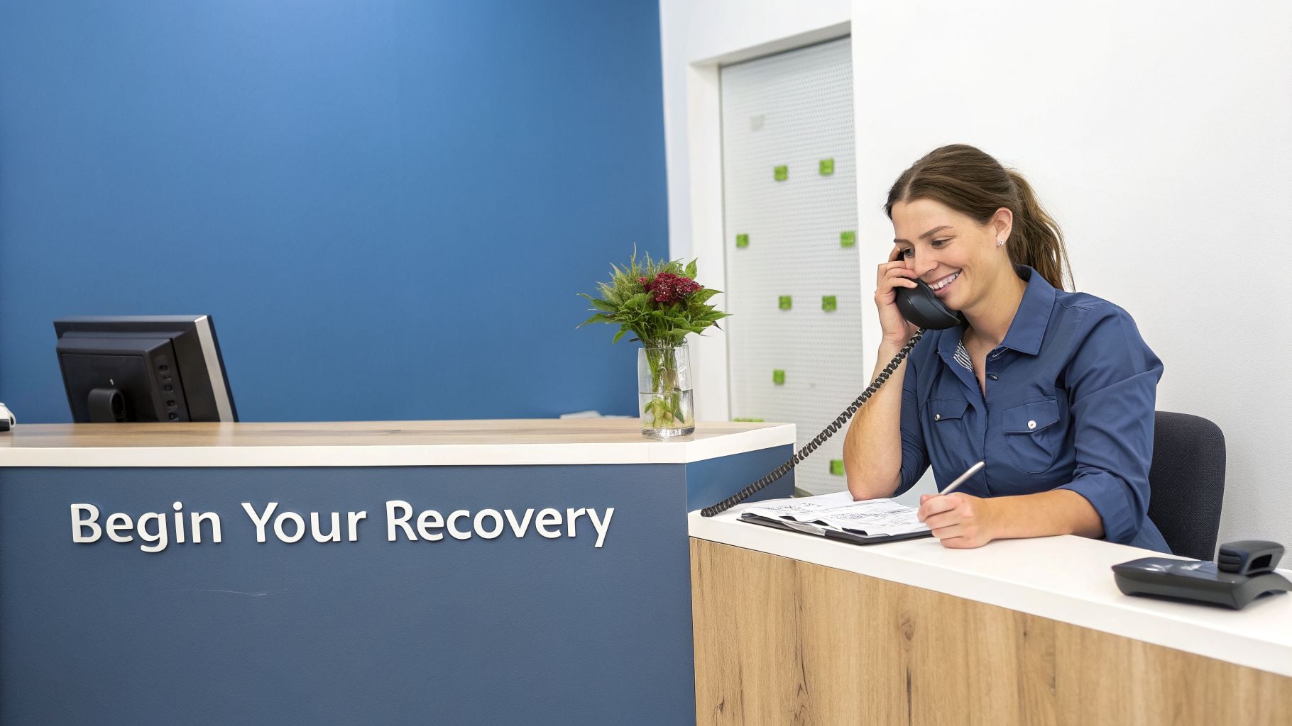 A smiling receptionist at a front desk on the phone, ready to help patients begin their recovery.