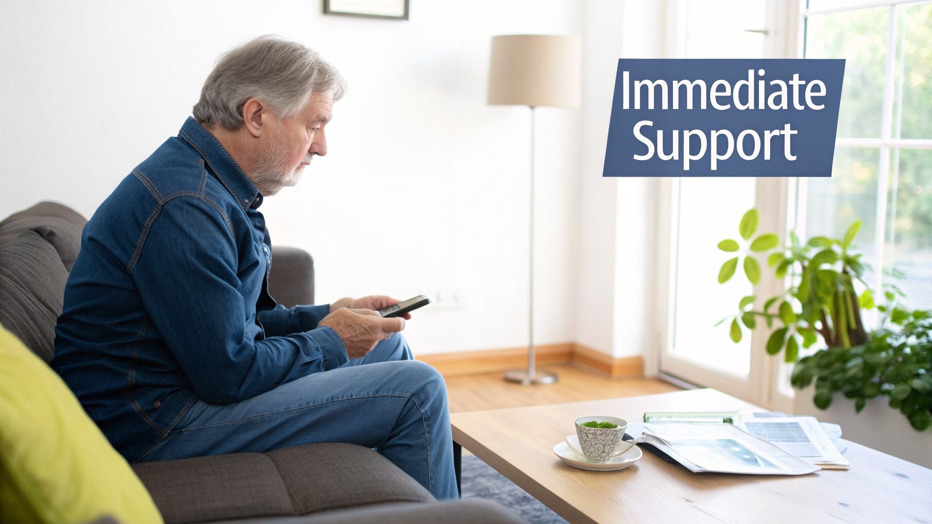 An older man with grey hair and a beard sits on a sofa looking at his phone, with "Immediate Support" text displayed.