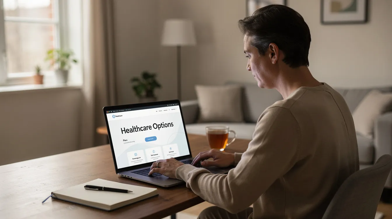 A person sits comfortably at a desk in a calm home setting, using a laptop to research various mental health care options and support services. The environment is serene, reflecting a focus on finding effective treatment programs for mental health and well-being.