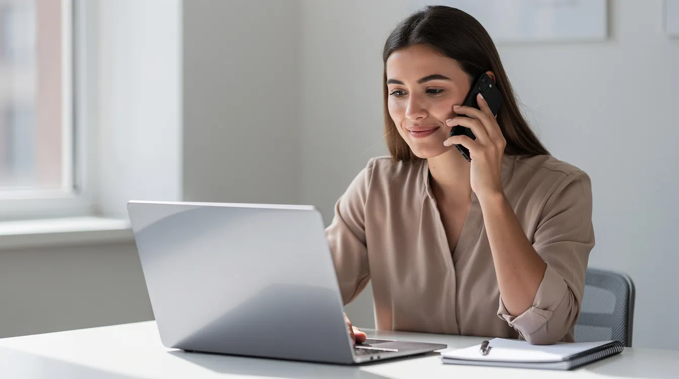 A calm individual is speaking on the phone while focused on their laptop, embodying a sense of concentration that can be beneficial for managing mental health issues. This scene reflects the importance of maintaining communication and utilizing resources in the journey of recovery and mental health care.