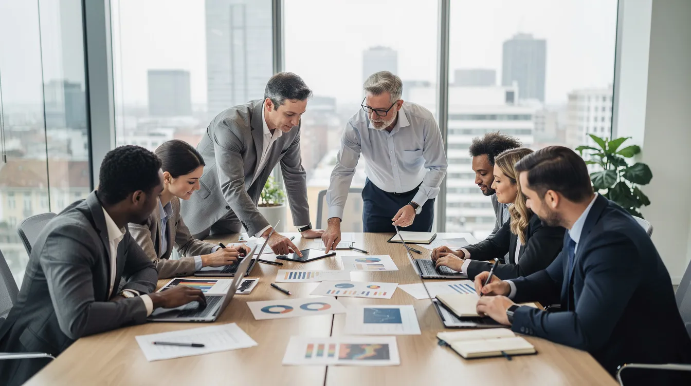 The image depicts a diverse group of professionals engaged in collaboration around a table in a meeting room, discussing strategies for enhancing mental health services and treatment plans. Their teamwork reflects a commitment to improving behavioral health care for patients and communities.