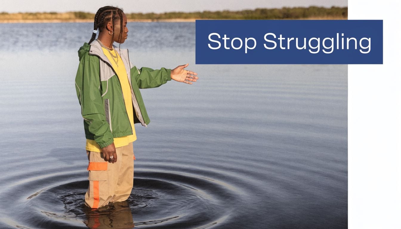 A young person standing in calm water reaching out a hand with the text Stop Struggling overlay.