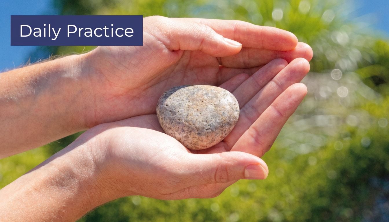 A person holding a smooth, speckled stone in their cupped hands outdoors, symbolizing mindfulness and ground practices.