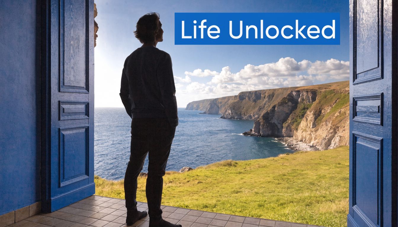 A silhouette of a man standing in an open blue doorway looking out at a scenic coastline.