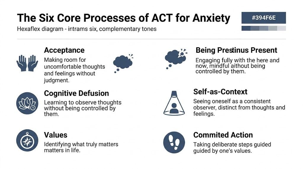 A visual guide illustrating the six core psychological processes of Acceptance and Commitment Therapy for anxiety management.