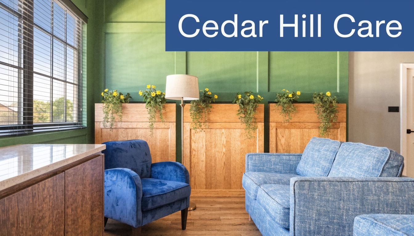 A cozy, sunlit waiting area with green walls, wooden panels, a blue armchair, and a fabric sofa.