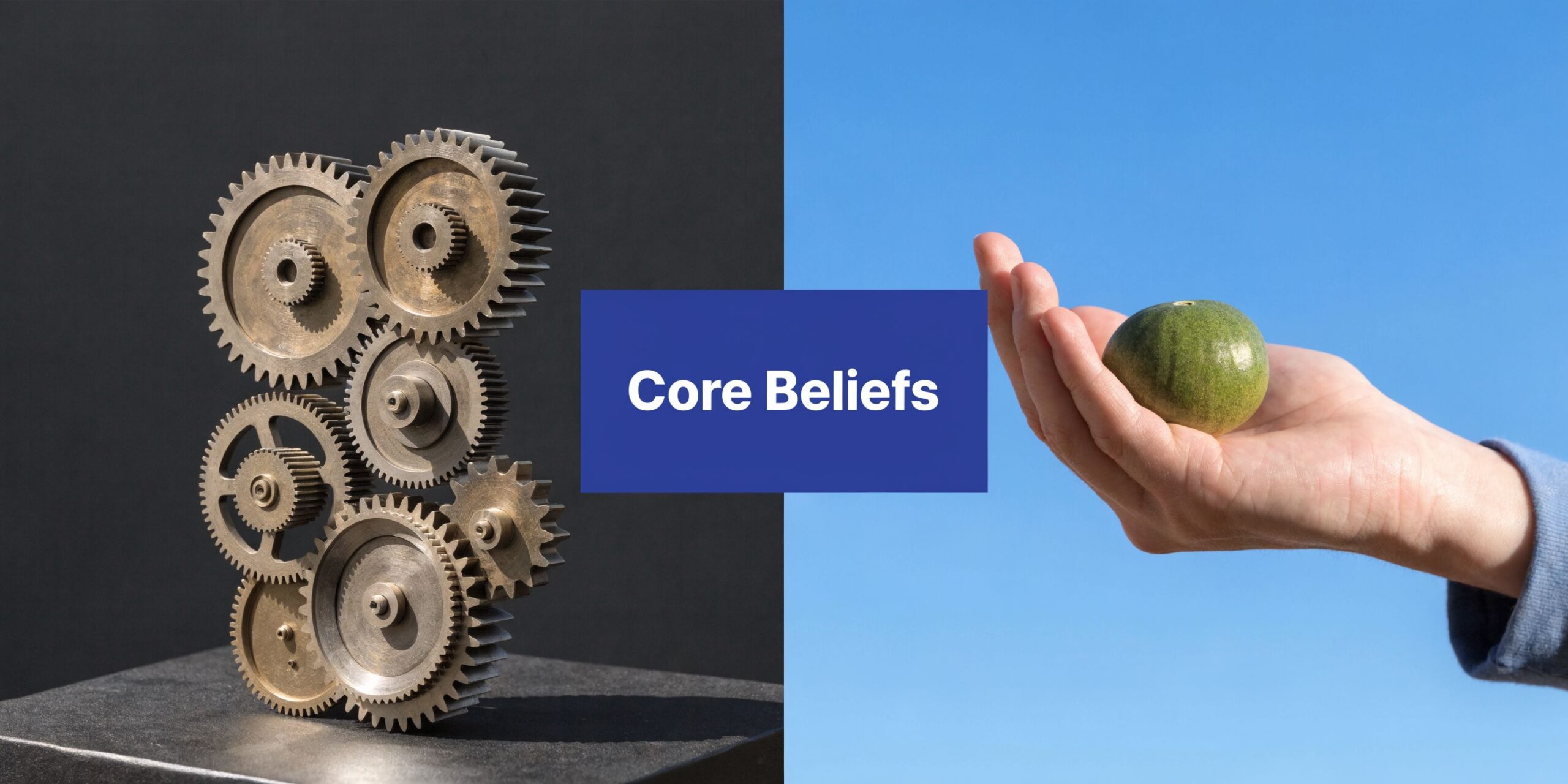 An artistic split image showing mechanical gears on the left and a hand holding a lime on the right.