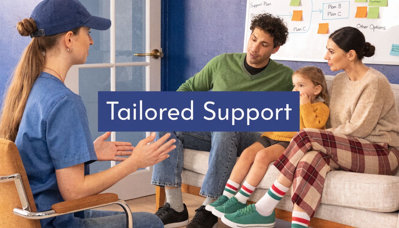 A professional therapist consults with a family sitting on a sofa in a supportive home environment.