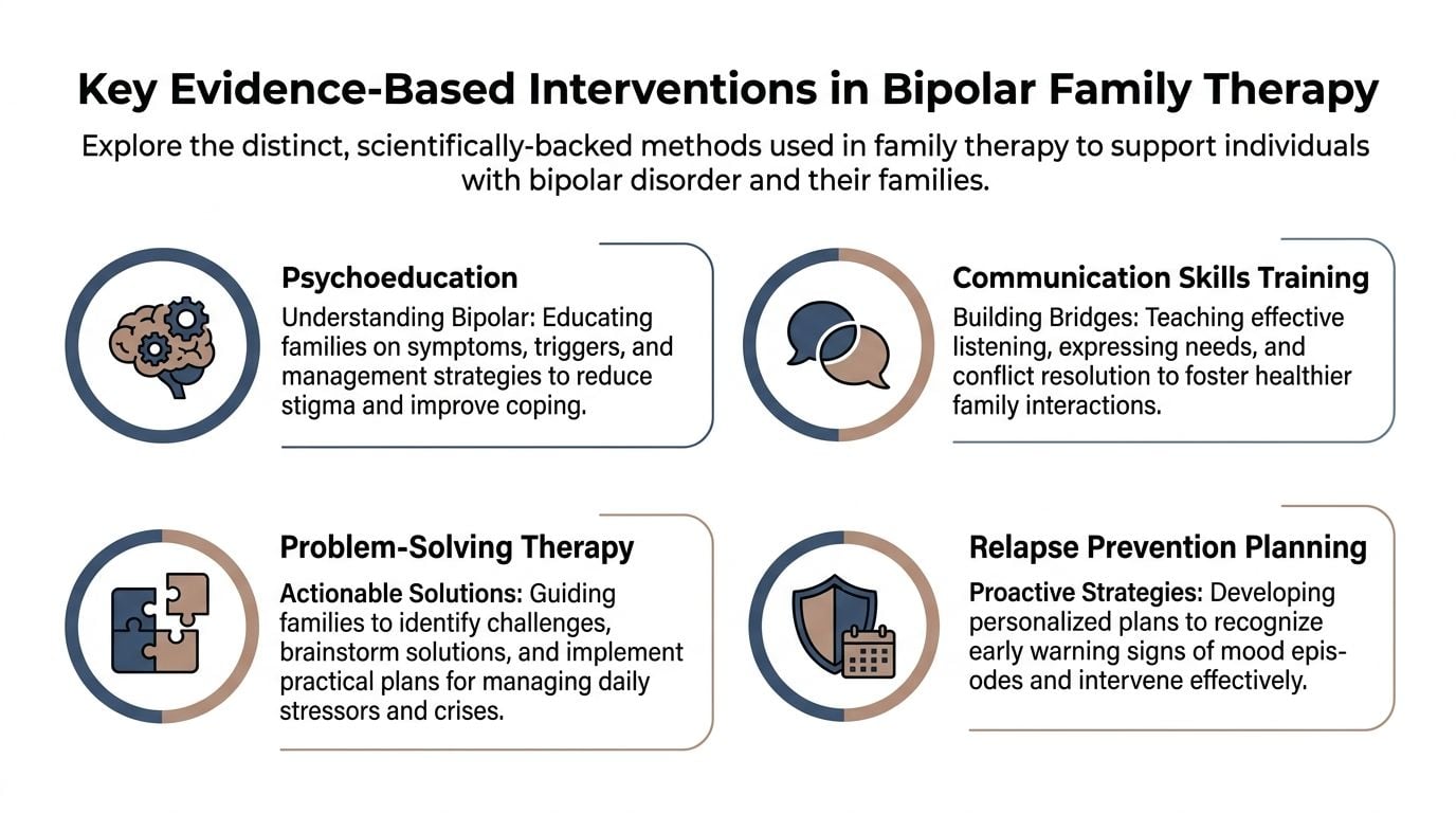 An infographic titled Key Evidence-Based Interventions in Bipolar Family Therapy detailing four main therapeutic approaches.