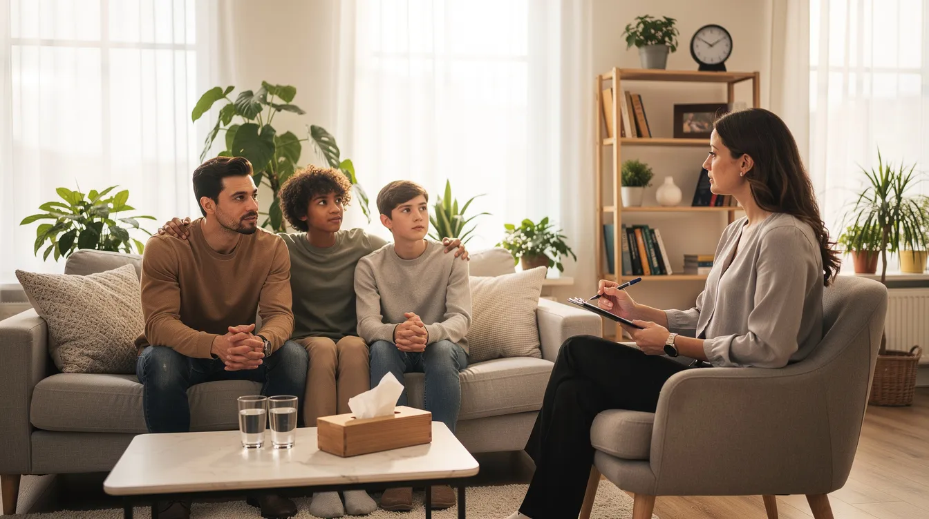 A family is gathered in a counseling session with a therapist, focusing on their mental health and discussing coping skills to address mental health issues. The scene conveys a supportive environment aimed at fostering recovery and understanding within the family unit.