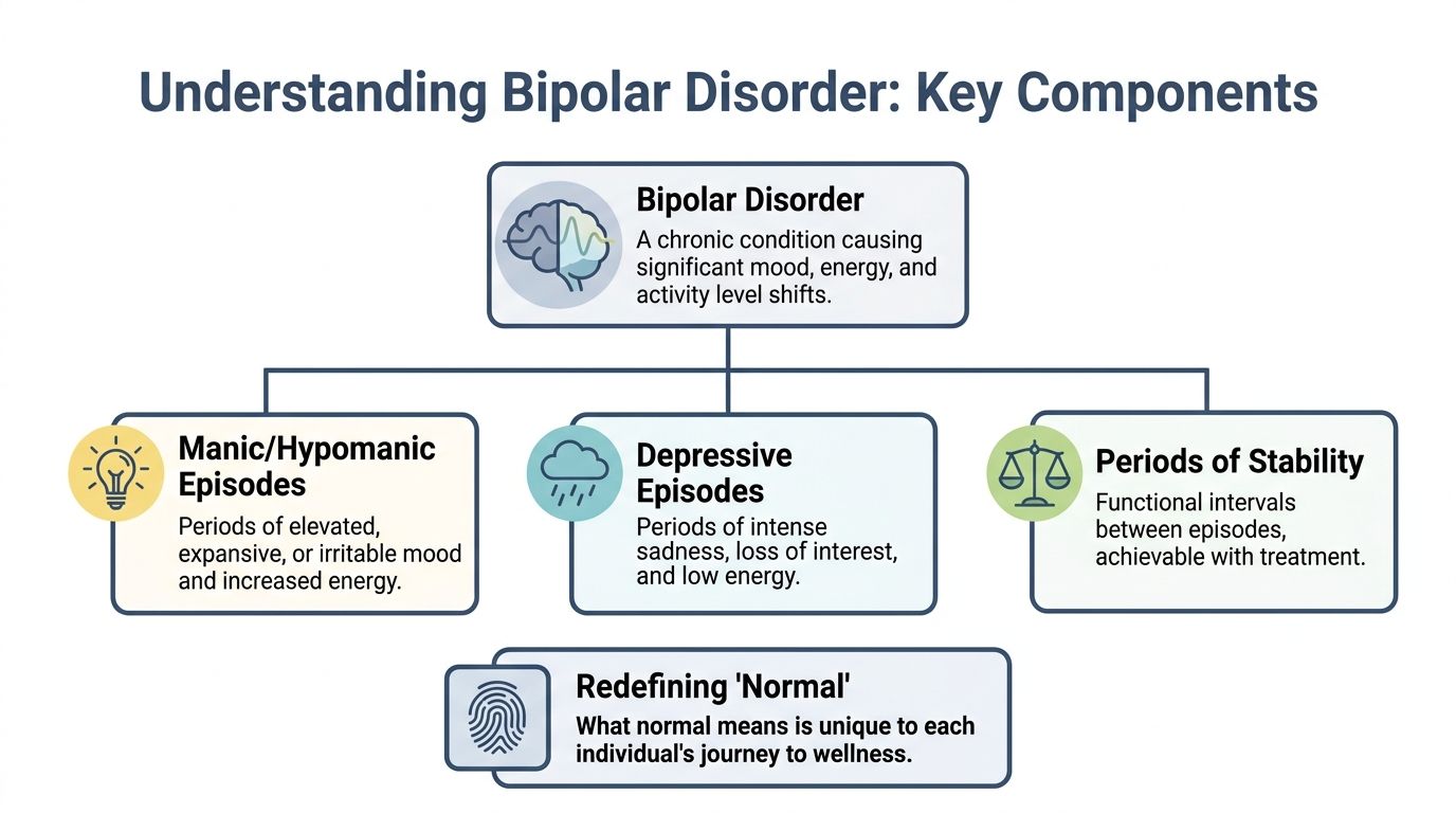 A diagram illustrating the key components of bipolar disorder including manic, depressive, and stability phases.