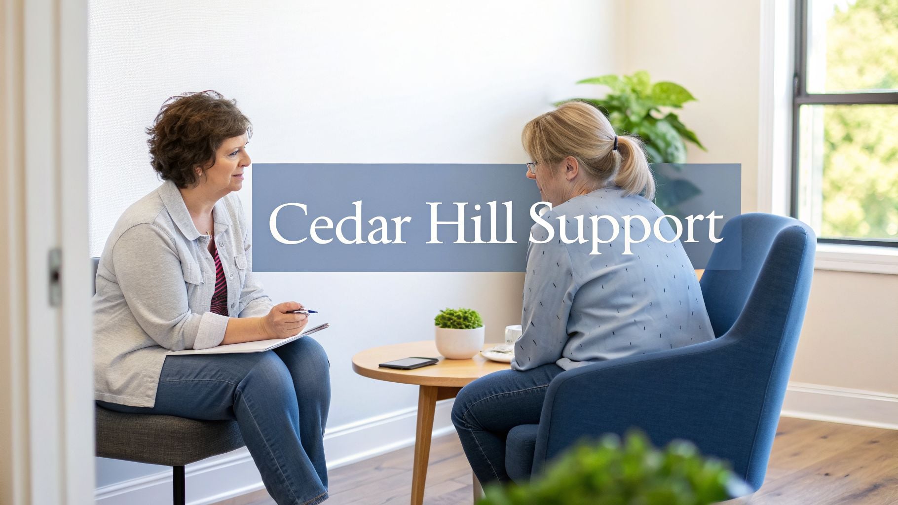 Two women engage in a counseling session, with 'Cedar Hill Support' text prominently displayed.
